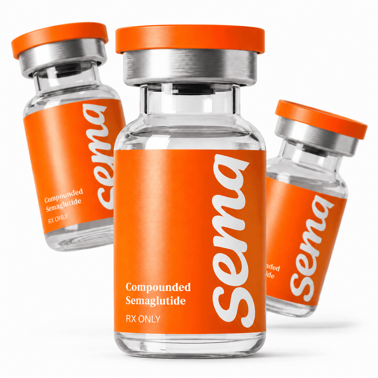 Compounded semaglutide injection vial with orange label, RX only