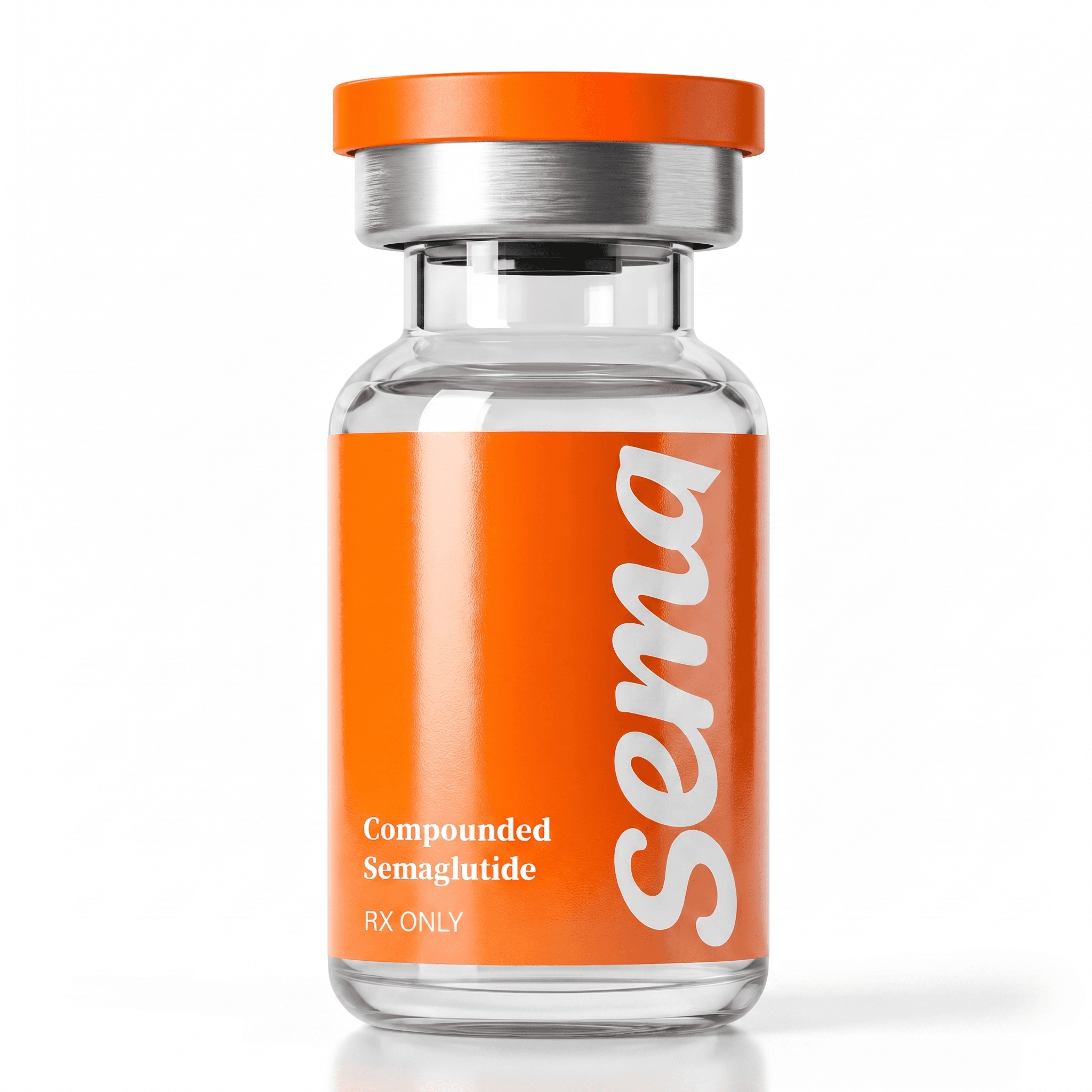 Compounded semaglutide injection vial with orange label, RX only