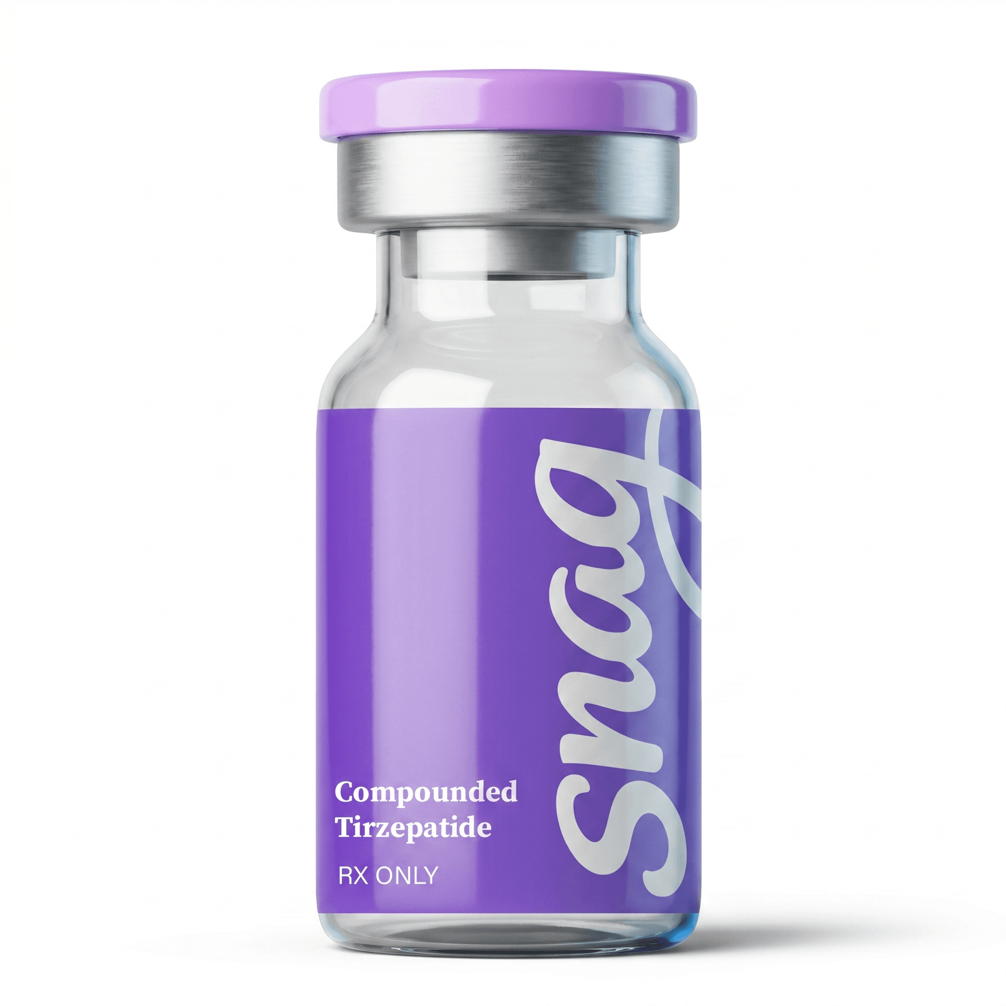 Compounded tirzepatide injection vial with purple-blue gradient label, RX only