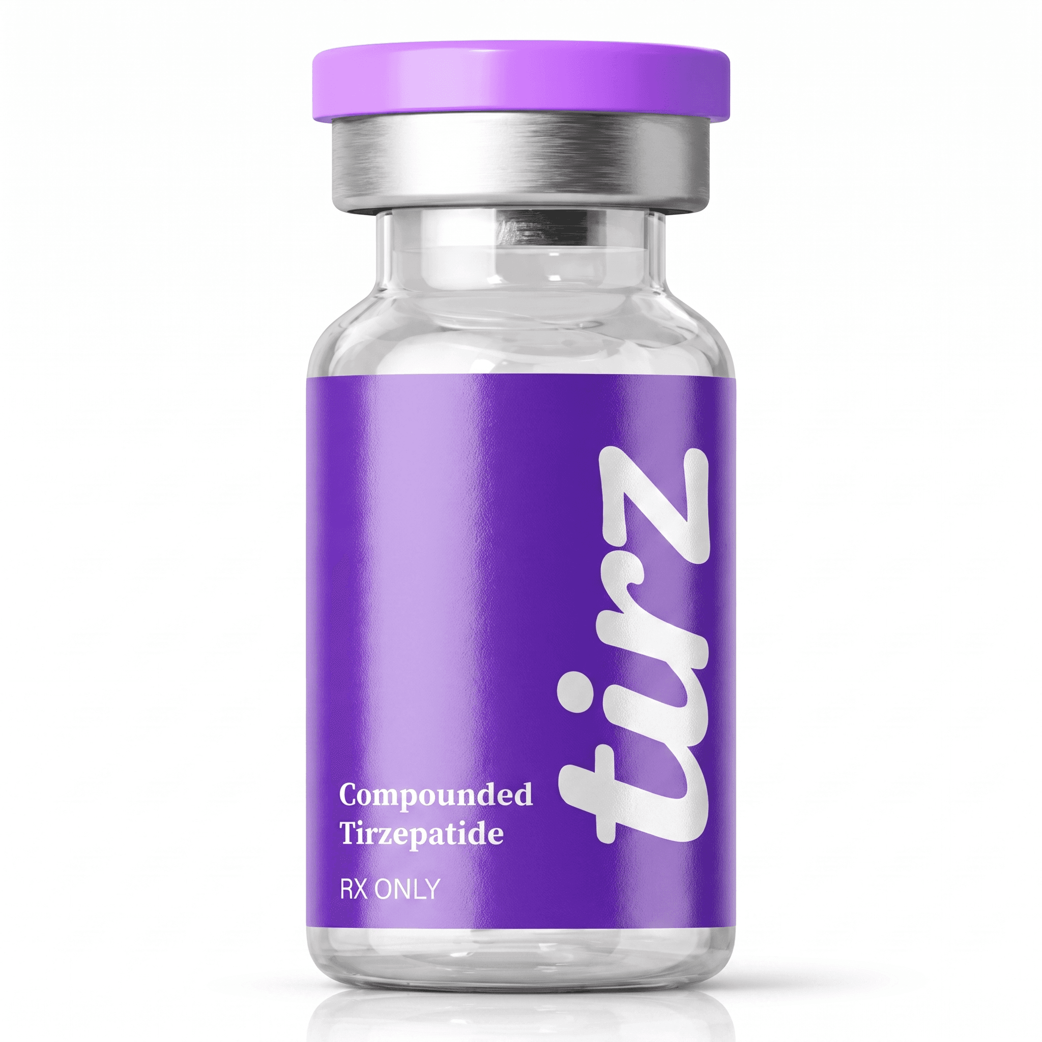 Compounded tirzepatide injection vial with purple label, RX only
