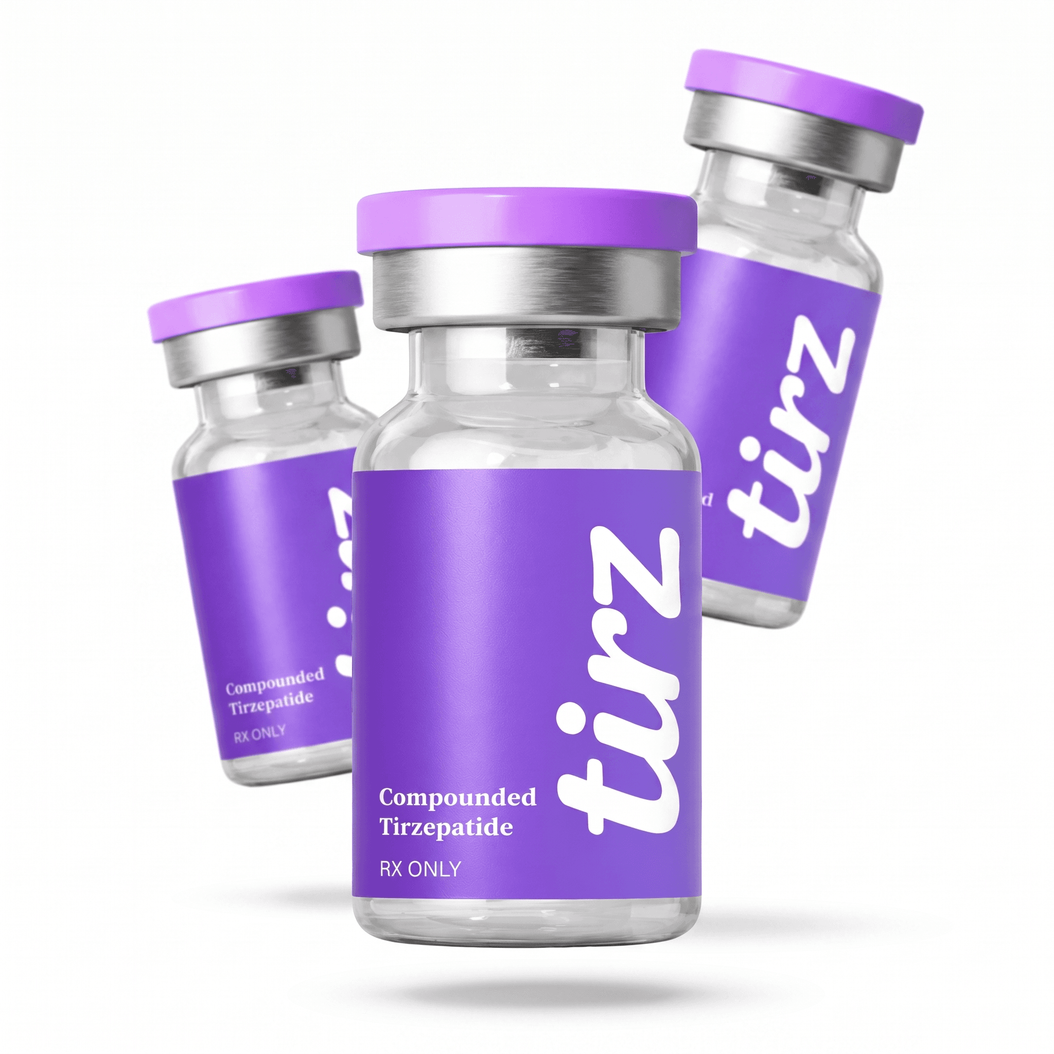 Compounded tirzepatide injection vial with purple label, RX only